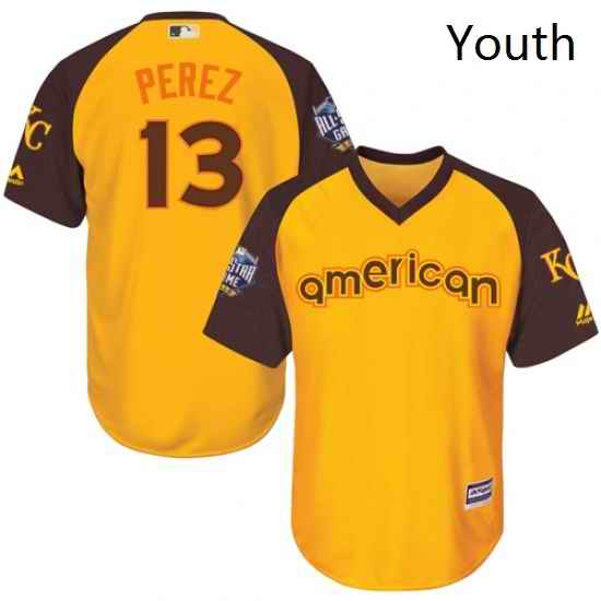 Youth Majestic Kansas City Royals 13 Salvador Perez Authentic Yellow 2016 All Star American League BP Cool Base MLB Jersey